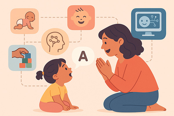 An illustration of a child learning to say sounds connected to observations of development.